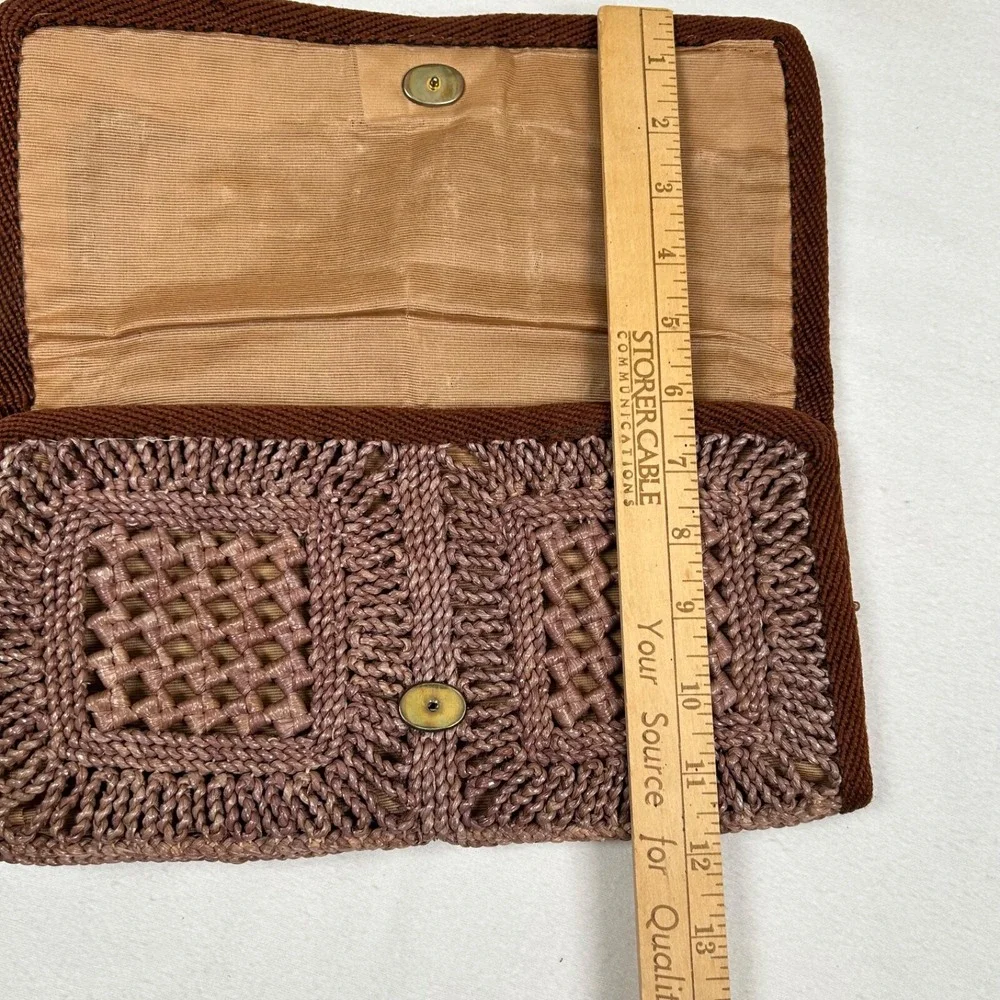 Vintage Purse Clutch Brown Weaved Straw‎ Lined 12